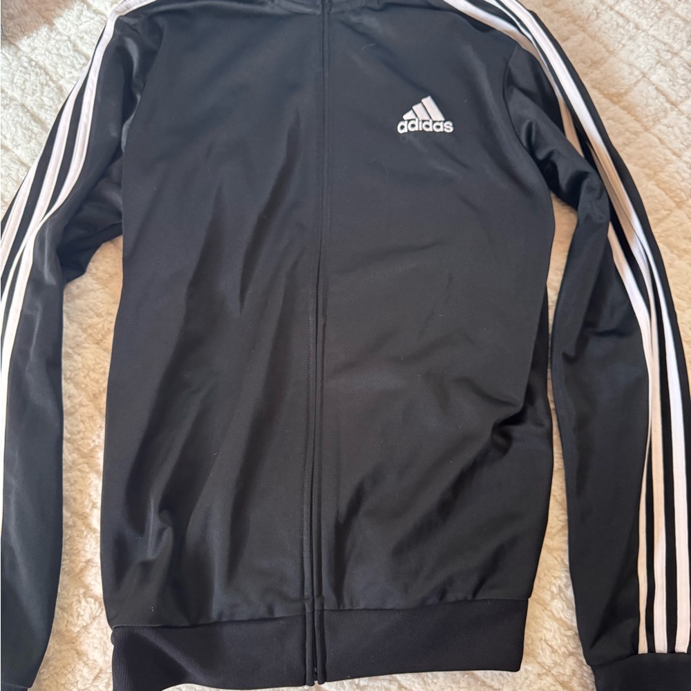 Adidas Men's Black Windbreaker with White Stripes